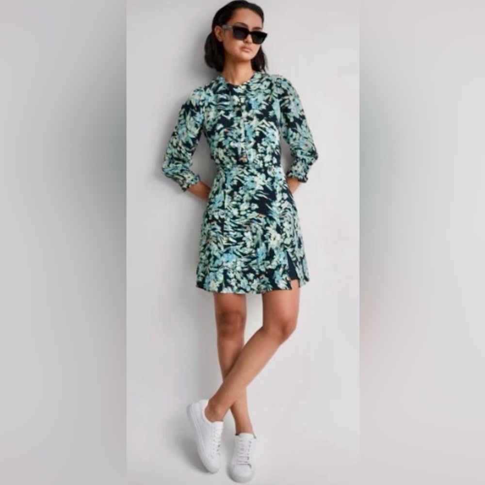 Reiss 3/4 Sleeve Annie A-line Mini Dress Navy w Blue Green White Florals ZB12